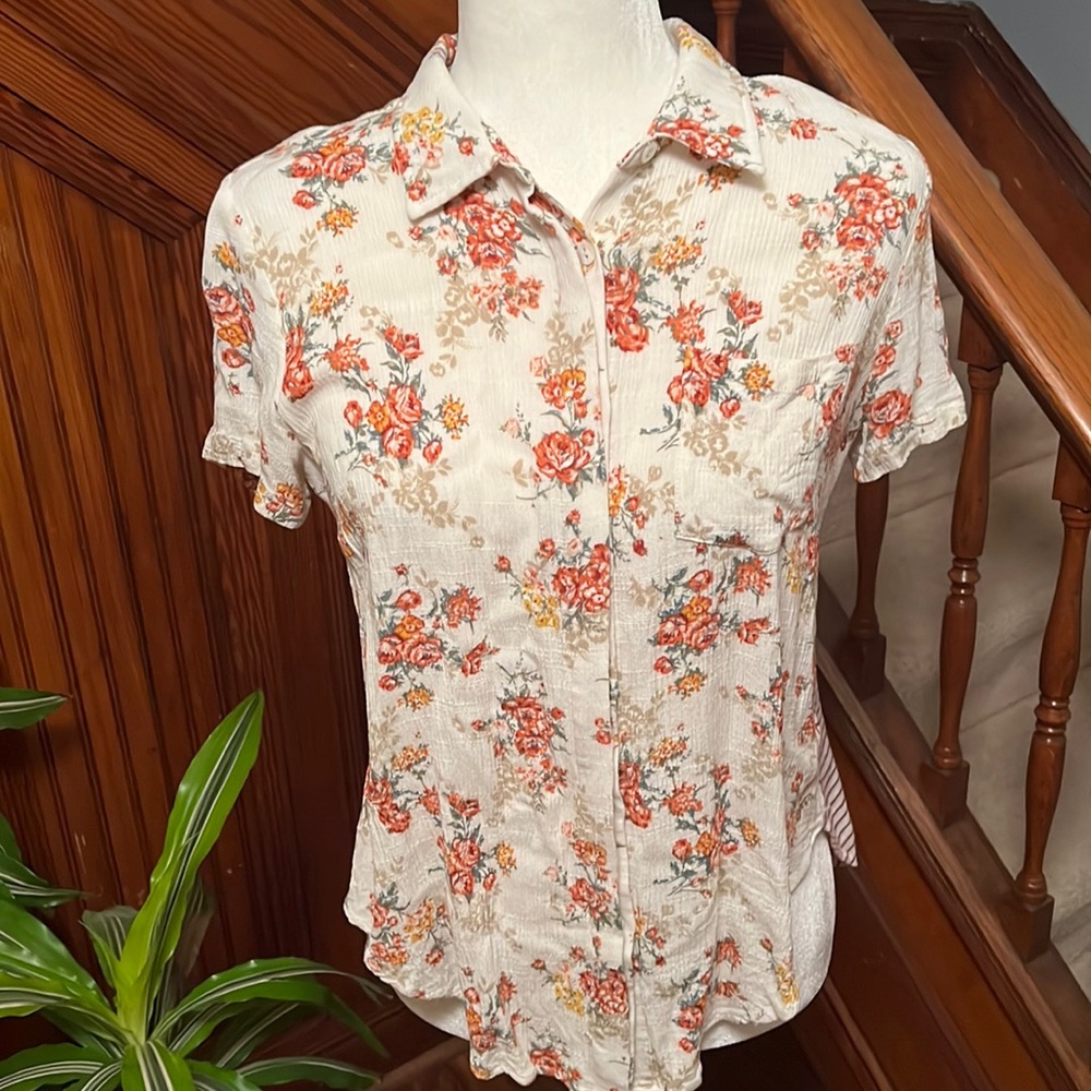 Mystree Floral Button Down Shirt - Cream and Red